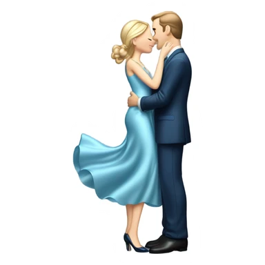 caucasian woman, in long slim pastel blue formal party satin dress with gradient shiny sparkling navy blue diamonds embroidered, full body full figure , and caucasian man in black dres on his knees asks her to marry her sticker