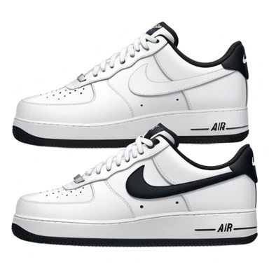 A pair of white Nike Air Force 1 sneakers side by side with Nike swoosh sticker