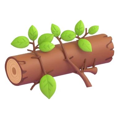 3D emoji style log with a small branch and green leaves sticker