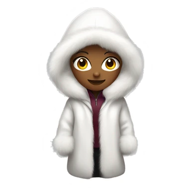 Woman wearing huge white fur coat with hood sticker