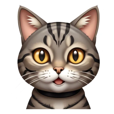 Cinematic Comical Grey and Black Brown Tabby Cat Portrait Emoji, Head tilted dramatically with an exaggeratedly shocked or offended expression, sleek grey-brown fur with bold black tabby stripes, wide amber eyes filled with exaggerated disbelief, Simplified yet hilariously expressive features, highly detailed, glowing with a slightly sassy glow, high shine, dramatic yet playful, stylized with an air of attitude, bright and endearing, soft glowing outline, capturing the essence of a sassy and over-the-top feline, so meme-worthy it feels like it could side-eye its way into internet fame instantly! sticker