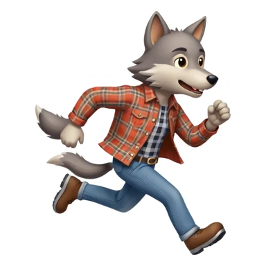 friendly anthropomorphised wolf in a plaid shirt and jeans running sticker