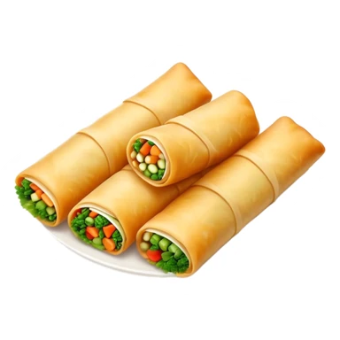 Cinematic Realistic Spring Rolls Dish Emoji, featuring golden, crispy rolls filled with fresh vegetables rendered with detailed textures and warm natural lighting. sticker