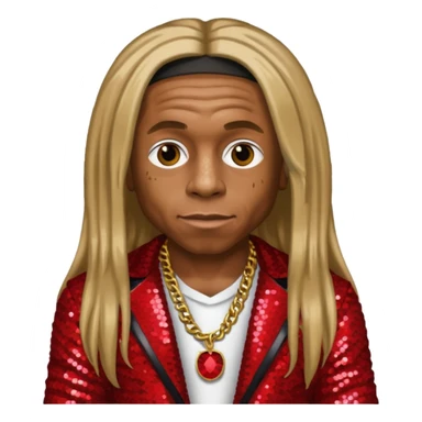 Lil Wayne with long dark blonde hair, red sequin outfit sticker