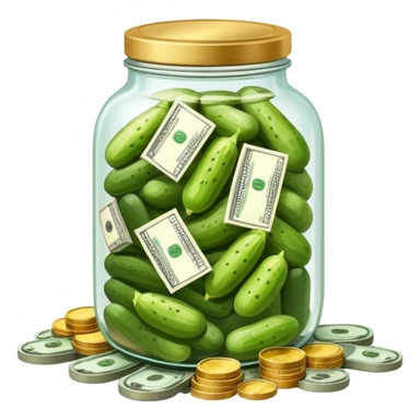 банка с маринованными огурцами и пачками долларов с монетами sticker
