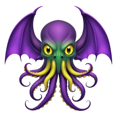 deep green Cthulhu with purple bat wings and purple gradient tentacles. Yellow angry eyes. yellow suckers on tentacles. dramatic ominous shading. two saber-teeth sticker