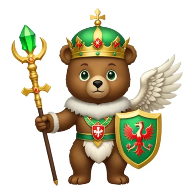Endearing brown bear with bright green eyes, white fur hat with detailed Russian emblem: golden double-headed eagle with crowns, scepter, orb, and red shield with St. George slaying dragon, iOS emoji style sticker