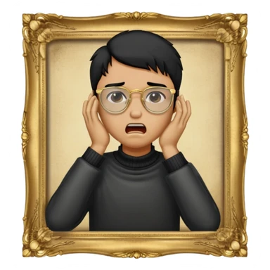 Make an apple choking emoji of a tan gender neutral person with black hair and gold frame glasses with their hand on their neck choking themselves  sticker