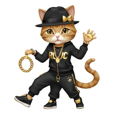 female cat dressed like Run DMC in tracksuit, fedora, Adidas shoes, lots of gold chains, rings, bracelets, earrings, dancing with a friend, no sunglasses sticker