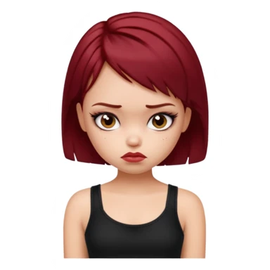 generate a pretty fair bratz girl with short dark red hair looking sad . Wearing a black cami sticker