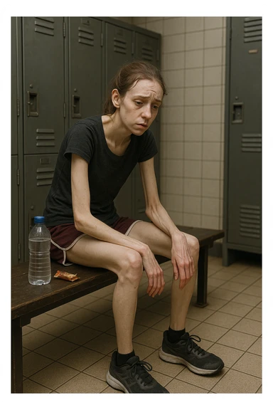 3D rendered scene: a woman in her 20s wearing running clothes sits on a bench in a locker room, looking exhausted and weak. Her face shows signs of fatigue, and her limbs appear thin and lacking muscle tone. A water bottle and a small, half-eaten snack are beside her, hinting at insufficient nutrition. The environment is realistic, with a focus on her physical and emotional state. sticker