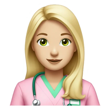 pale blonde girl with long hair and green eyes wearing pink scrubs and stethoscope  sticker