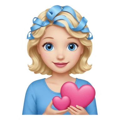Girl Blonde short wavy hair,  blue eyes, cute blue top, long lashes, pink lips, smiling, holding a big heart sticker