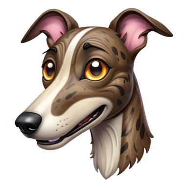 Cinematic Comical Brindle Greyhound Portrait Emoji, Head tilted dramatically with an exaggeratedly amused expression, featuring a striking brindle Fur with bold patterns, wide, expressive eyes filled with playful disbelief, Simplified yet hilariously expressive features, highly detailed, glowing with a slightly sassy glow, high shine, dramatic yet playful, stylized with an air of cheeky mischief, bright and endearing, soft glowing outline, capturing the essence of a spirited and over-the-top racer, so meme-worthy it feels like it could side-eye its way into internet fame instantly! sticker
