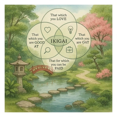 Ikigai illustrated as a tranquil Japanese garden scene, symbolizing balance and fulfillment, with subtle iconography for purpose and meaning sticker
