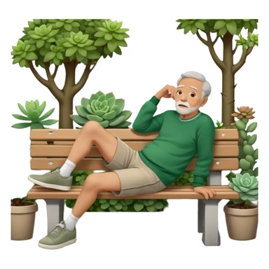 Old Man laying sideways on bench in green sweater, light brown shorts, and grey shoes with trees and succulents in background sticker