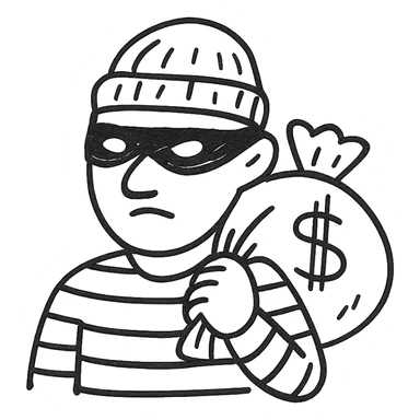 face portrait of a robber in black and white striped shirt, beanie, and mask, carrying a bag of money over shoulder, hand drawn black and white outlined style sticker