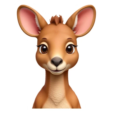 Cinematic Cute Adult Red Kangaroo Portrait Emoji, Head tilted playfully and inquisitively, showcasing a charming, robust build with soft reddish fur and a uniquely camel-like head featuring a gentle, elongated snout and rounded ears, with large, sparkling eyes full of wonder, Simplified yet irresistibly adorable features, highly detailed, glowing with a warm, friendly glow, high shine, affectionate and lively, stylized with a touch of outback whimsy, soft glowing outline, capturing the essence of a mischievous yet loving kangaroo that seems as if it could hop out of the screen into your arms! sticker