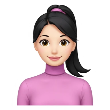 a woman with long sleeve turtle neck top and smile, her hair is long black one pony tail, her eyes color are black and the color of her lip is soft pink sticker
