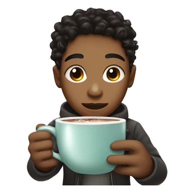 cure boy with curly black hair with a hot chocolate sticker