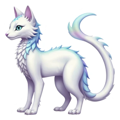 Kawaii white pastel iridescent beautiful pretty elegant divine edgy fantasy feline-vernid-sergal-fursona animal creature with a tufted tail full body with intricate markings  sticker