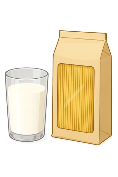 bicchiere di latte accanto a pacco di pasta sticker