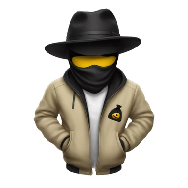 person whit a blak mask tht only covers his eyes and a white and black lined jacket and a black hat and money bag sticker