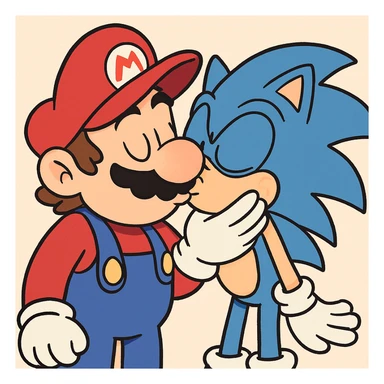 Mario and Sonic sharing a kiss, playful and cute, both characters recognizable, vibrant colors, cartoon style sticker