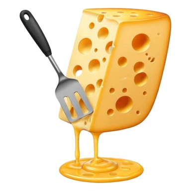 a half vertical  wheel of cheese being scraped with a metal spatula, melted cheese flowing, warm golden colors, modern emoji style, clean outlines, transparent background sticker