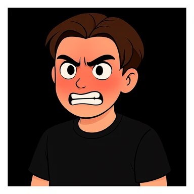 Edit the image of the boy to show him angry with a slightly reddened face, wearing a black shirt. Keep the face and style as in the original image. sticker