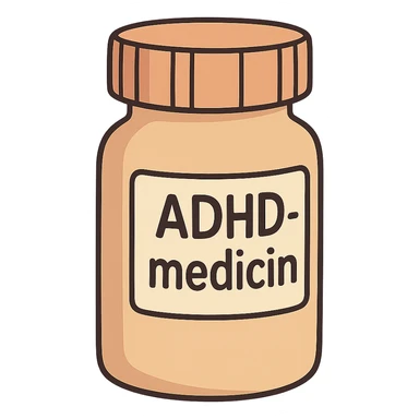 cartoon style pill bottle labeled 'ADHD-medicin', no face, arms, or legs sticker