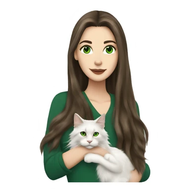 White brunette long hair woman with green eyes holding a Maine coon cat ￼ sticker