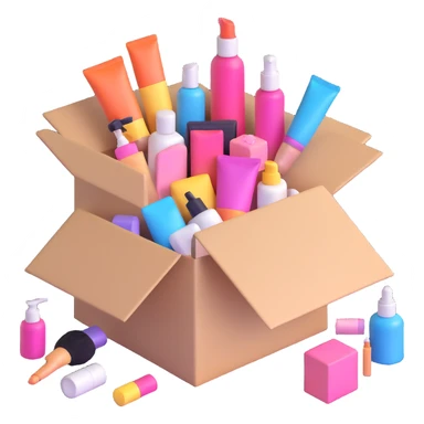 an opened box with assorted beauty items sticker