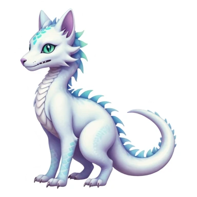 Kawaii white pastel iridescent beautiful pretty elegant divine edgy fantasy feline-vernid-sergal-Haku-dragon-fursona animal creature, full body with intricate markings  sticker