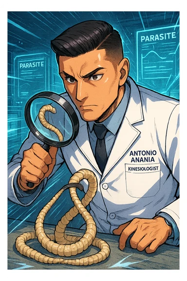 A dynamic manga/webtoon-style illustration of a young male kinesiologist wearing a clean white lab coat, analyzing light beige worms like a tapeworm under a magnifying glass. His expression is focused and slightly intrigued, with sharp, detailed eyes. The art style is vibrant, with bold linework, rich colors, and dramatic lighting. The background is a futuristic laboratory with glowing holographic screens displaying parasite data. The tapeworm is intricately drawn, slimy and segmented, with a slightly exaggerated yet realistic texture. The composition is dynamic, with motion lines or energy effects to emphasize his scientific investigation. The atmosphere is intense but not dark, keeping a balance between scientific seriousness and stylish manga aesthetics, he has "ANTONIO ANANIA" WRITTEN ON WHITE LAB COAT sticker