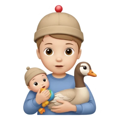 White-skinned baby, brown short hair, in a cap on his head, in a beige shirt, birthday, holding a goose toy in his hands sticker