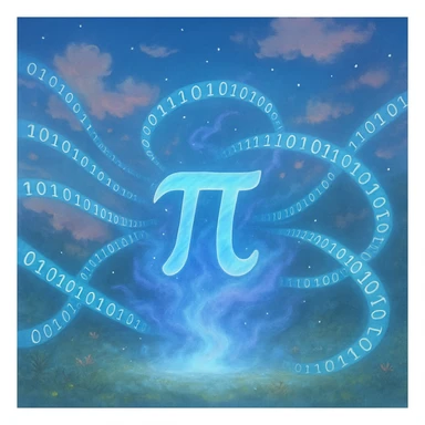  combine the π (pi) math symbol, binary code, and digital mist emerging from it. sticker