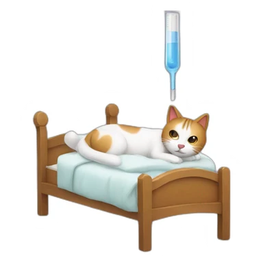 ill cat in bed with fever thermometer sticker