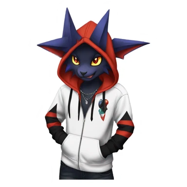 Cool Anthro Black Noivern-Absol-Litten-Pokémon with edgy stripes hoodie spiked collar punk Full Body sticker