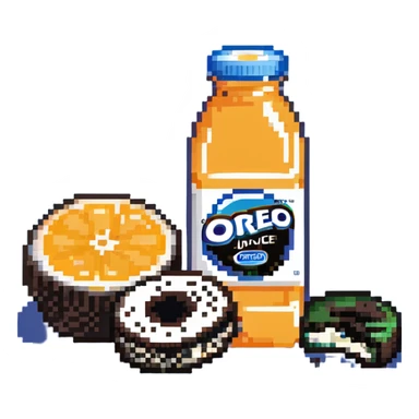 orange juice bottle being cut in half by Oreo cookies sticker