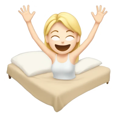 Happy pale girl wakes up in bed and stretches hands up in the air  sticker