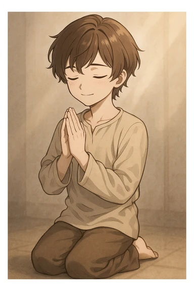 boykisser character kneeling in prayer, eyes closed, gentle smile sticker