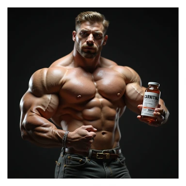 realistic bodybuilder in competition pose holding a vial with a label reading 'CARNITINA' in large block letters, 4k quality sticker