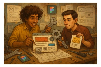 Two designers, one with curly hair and one with short dark hair, collaborating in a workshop filled with UI elements, tools like a wrench and ruler, and Figma icons. The environment is a mix of chaos and creativity as they repair and beautify old, messy UI components. sticker