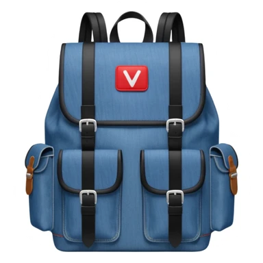 a blue denim backpack with a flap top, two vertical black buckle straps on the front. The backpack has two side pockets and a soft square shape. at front view bottom pocket, red and white two divided logo 

 sticker