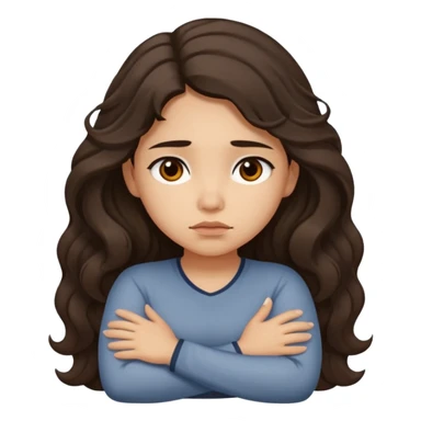 Hispanic light tan girl with long dark wavy hair crossing her arms under arm pit and slightly pouting sticker