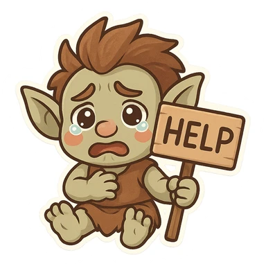 animated emoji of a troll holding a help sign, desperate expression, cute and approachable sticker