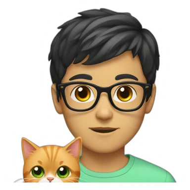 Boy with green eyes, glasses, with black short hair, with orange Persian cat sticker