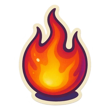 retro sticker style illustration of a small, round flame with bright core, expressive shadows and highlights, lively and dimensional flame sticker
