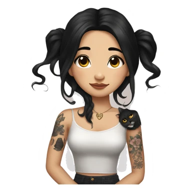 beautiful girl, with arm tattoos, with long black hair, wavy hair, chinese, with black cat sticker